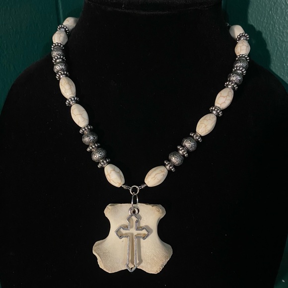 SOLD - Real Deer Bone Beaded Stone Cross Necklace - Picture 3 of 13